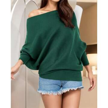 GOLDSTITCH Women's Off Shoulder Batwing Sleeve Loose Pullover Sweater Knit Jumper Green XL,X-Large,Green Sweater