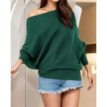 GOLDSTITCH Women's Off Shoulder Batwing Sleeve Loose Pullover Sweater Knit Jumper Green XL,X-Large,Green Sweater