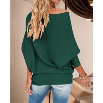 GOLDSTITCH Women's Off Shoulder Batwing Sleeve Loose Pullover Sweater Knit Jumper Green XL,X-Large,Green Sweater
