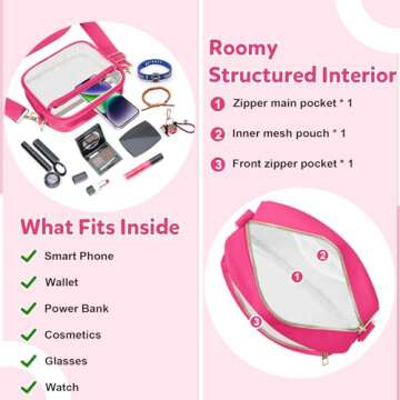 KETIEE Clear Bag for Stadium Events: Clear Crossbody Bag Stadium Approved Clear Purses for Women with Front Pocket Mesh Pouch and Adjustable Strap for Concerts Sports Festivals (Rose Pink)