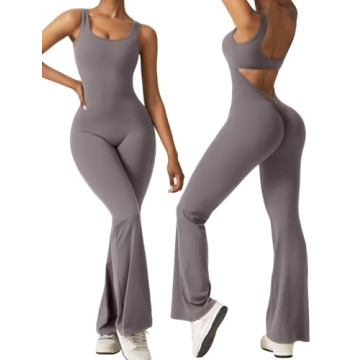 Vertvie Sleeveless Flare Jumpsuits for Women Sexy Backless Bodycon V Back Scrunch Butt Yoga Rompers ...