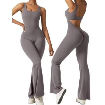Vertvie Sleeveless Flare Jumpsuits for Women Sexy Backless Bodycon V Back Scrunch Butt Yoga Rompers ...