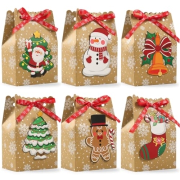 BBPOOL 24pcs Christmas Goody Bags Bulk Kraft Gift Bags with Ribbons in Unique Designs