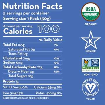 Sunny Fruit Soft Organic Turkish Dried Mulberries - 1 Bag (5 Individual Portion Packs) | Healthy, Co...