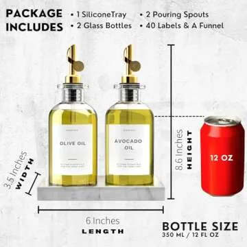 Verspace Olive Oil Dispenser Bottle For Kitchen With Silicone Tray & 40 Labels, Soy Sauce Dispenser, Coffee Syrup Dispenser, Olive Oil Bottle, Oil Container Kitchen Set Of 2, Gold