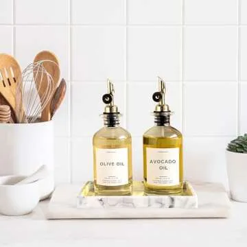 Verspace Olive Oil Dispenser Bottle For Kitchen With Silicone Tray & 40 Labels, Soy Sauce Dispenser, Coffee Syrup Dispenser, Olive Oil Bottle, Oil Container Kitchen Set Of 2, Gold