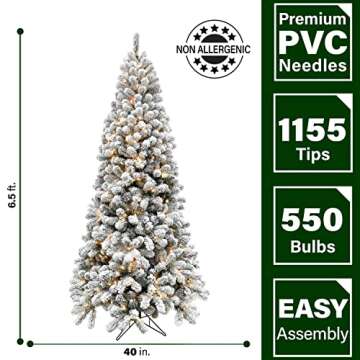 Fraser Hill Farm 6.5-Ft. Silverton Fir Flocked Christmas Tree, Artificial Snowy Tree with Easy to Co...