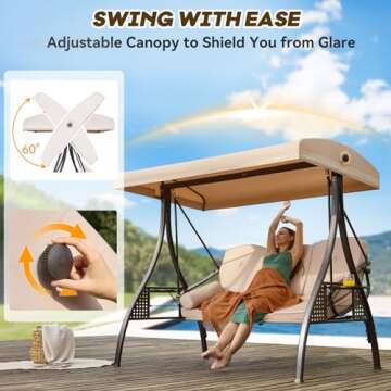 Yalissey 3 in 1 Outdoor Porch Swing with Adjustable Canopy, 3 Seat Outdoor Swing for Adults, Patio Swing Chair with Thickened Cushions,Pillows & Cup Holders for Backyard, Porch, Garden (Khaki)