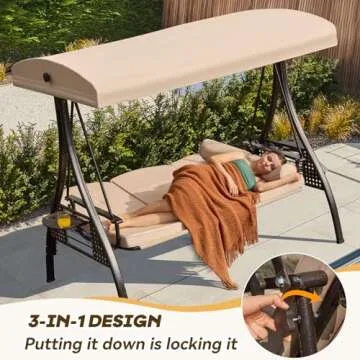 Yalissey 3 in 1 Outdoor Porch Swing with Adjustable Canopy, 3 Seat Outdoor Swing for Adults, Patio Swing Chair with Thickened Cushions,Pillows & Cup Holders for Backyard, Porch, Garden (Khaki)