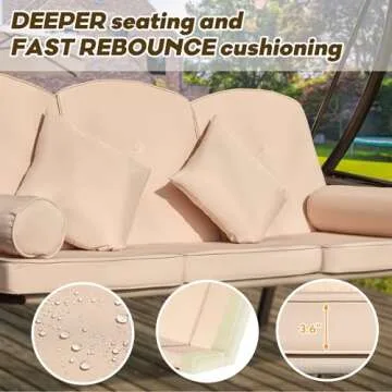 Yalissey 3 in 1 Outdoor Porch Swing with Adjustable Canopy, 3 Seat Outdoor Swing for Adults, Patio Swing Chair with Thickened Cushions,Pillows & Cup Holders for Backyard, Porch, Garden (Khaki)
