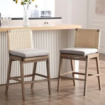 DUOMAY Modern Bar Stools Set of 2, 27" Counter Height Barstools with Woven Back, Linen Upholstered Kitchen Island Chair with Solid Wood Legs for Home Bar Coffee Shop, Grey