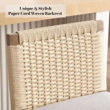 DUOMAY Modern Bar Stools Set of 2, 27" Counter Height Barstools with Woven Back, Linen Upholstered Kitchen Island Chair with Solid Wood Legs for Home Bar Coffee Shop, Grey