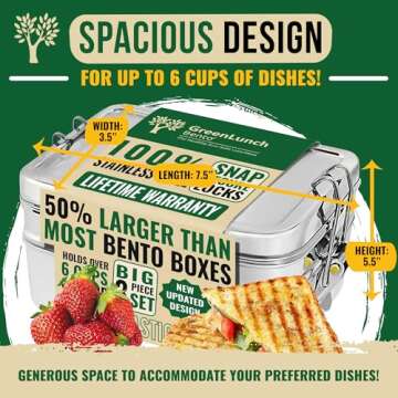 GreenLunch Bento Stackable Stainless Steel Bento Box for Adults with Snack Pod - Holds 6 Cups of Food, 100% Crack-Resistant, Secure Locks, Eco-Friendly Lunch Box Container for School & Office