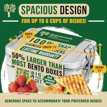 GreenLunch Bento Stackable Stainless Steel Bento Box for Adults with Snack Pod - Holds 6 Cups of Food, 100% Crack-Resistant, Secure Locks, Eco-Friendly Lunch Box Container for School & Office