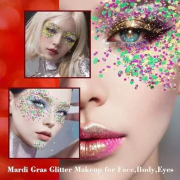 MEICOLY Mardi Gras Face Glitter,Mardi Gras Makeup Accessories for Women,Gold Green Purple Mixed Chunky Glitter Gel for Carnival,Festival Rave St Patricks Day Glitter for Face/Body/Hair