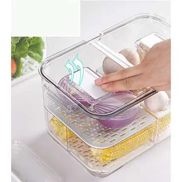 SANNO Refrigerator Food Storage Containers Stay Fresh,Food Storage Container Bin Stackable Refrigerator Freezer Organizer Fresh Keeper Drawers with Vented Lids and Removable Drain Tray