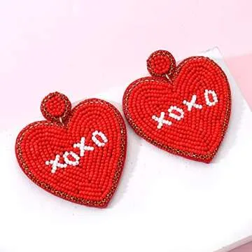 Beaded Heart Earrings Valentines Red Heart Dangling Earrings for Women Handmade Love Heart Earrings Hypoallergenic Hot Pink Drop Dangle Earrings Valentine’s Day Holiday Jewelry Gift (red XOXO heart earrings)