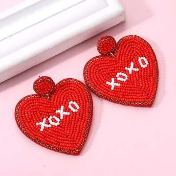Beaded Heart Earrings Valentines Red Heart Dangling Earrings for Women Handmade Love Heart Earrings Hypoallergenic Hot Pink Drop Dangle Earrings Valentine’s Day Holiday Jewelry Gift (red XOXO heart earrings)