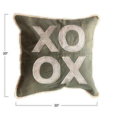 Creative Co-Op Recycled Cotton Canvas Pillow with Applique "XO" & Eyelash Fringe, Green & Natural Color