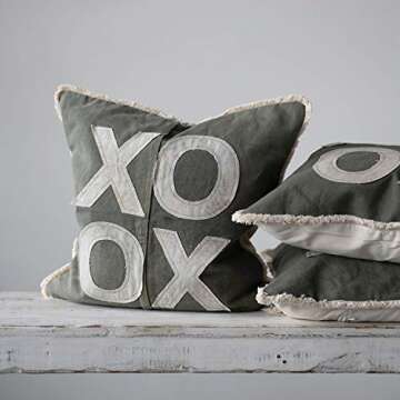 Creative Co-Op Recycled Cotton Canvas Pillow with Applique "XO" & Eyelash Fringe, Green & Natural Color