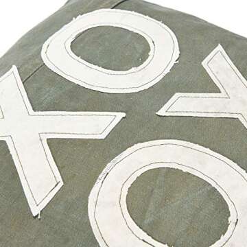 Creative Co-Op Recycled Cotton Canvas Pillow with Applique "XO" & Eyelash Fringe, Green & Natural Color