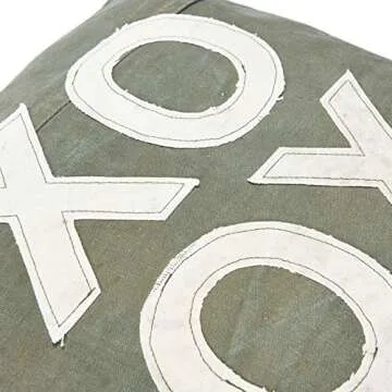 Creative Co-Op Recycled Cotton Canvas Pillow with Applique "XO" & Eyelash Fringe, Green & Natural Color