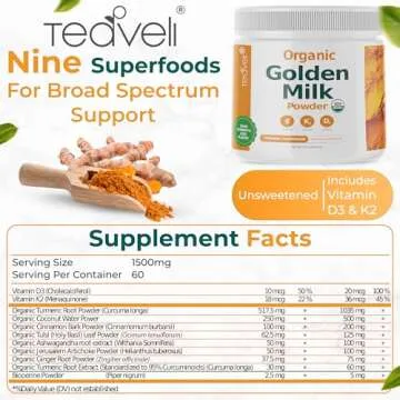 Organic Golden Milk Powder with Vitamins D3 & K2, Turmeric, Ginger, Curcumin, Cinnamon, KSM66 Ashwagandha, Holy Basil & Natural Prebiotics– Delicious Unsweetened Turmeric Tea Latte- 30 Servings