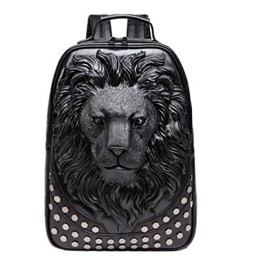 kiisy 3D Lion Leather Laptop Backpack Unique Designer Fashion Travel Rivet Punk Backpack (black)