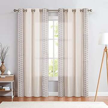 jinchan Boho Curtains for Bedroom Beige Linen Blend Curtains Gray Embroidered Bordered Living Room D...