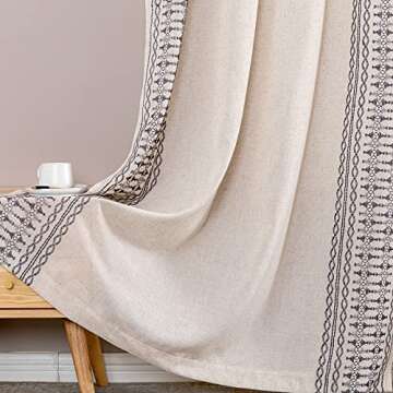 jinchan Boho Curtains for Bedroom Beige Linen Blend Curtains Gray Embroidered Bordered Living Room Drapes 90 Inch Length Bohemian Light Filtering Grommet 2 Panels Grey on Beige