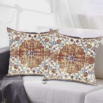 Gujiahone Outdoor Waterproof Pillow Covers 18X18 Inch Set of 2 Bohemian Vintage Carpet Pattern Pillow Covers Brown Blue Ethnic Design Decorative Farmhouse Pillow Covers for Couch Garden Balcony