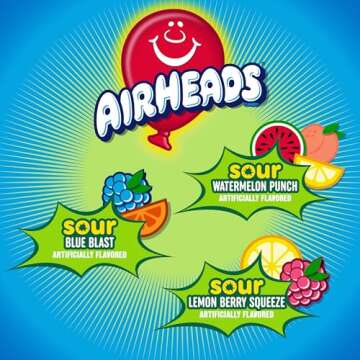 Airheads Sour Full-Size Candy Bars, Taffy Candy Assorted Bag, Individually Wrapped Candy, Three Asso...