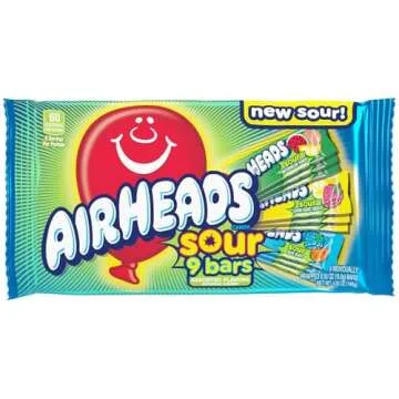 Airheads Sour Full-Size Candy Bars, Taffy Candy Assorted Bag, Individually Wrapped Candy, Three Assorted Flavors, 9 Count Bag