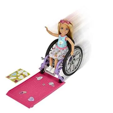 Barbie Chelsea Doll & Wheelchair with Moving Wheels, Ramp, Sticker Sheet & Accessories, Small Doll with Blonde Hair