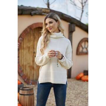 ECOWISH Women Fall Pullover Sweater Turtleneck Plaid Long Sleeve Loose Casual Chunky Checked Knit Winter Sweaters Jumper Tops 014beige M