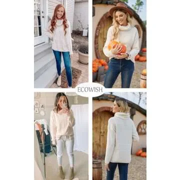 ECOWISH Women Fall Pullover Sweater Turtleneck Plaid Long Sleeve Loose Casual Chunky Checked Knit Winter Sweaters Jumper Tops 014beige M