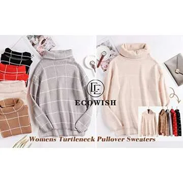 ECOWISH Women Fall Pullover Sweater Turtleneck Plaid Long Sleeve Loose Casual Chunky Checked Knit Winter Sweaters Jumper Tops 014beige M