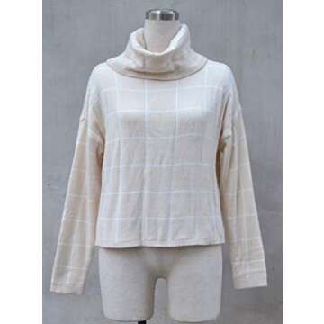 ECOWISH Women Fall Pullover Sweater Turtleneck Plaid Long Sleeve Loose Casual Chunky Checked Knit Winter Sweaters Jumper Tops 014beige M
