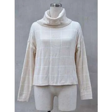 ECOWISH Women Fall Pullover Sweater Turtleneck Plaid Long Sleeve Loose Casual Chunky Checked Knit Winter Sweaters Jumper Tops 014beige M