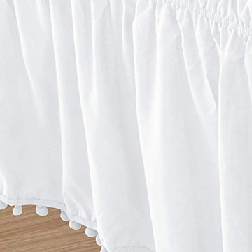 Elegant Comfort Top-Knot Tassle Pompom Fringe Ruffle Skirt Around Style Elastic Bed Wrap- Wrinkle Resistant 16 inch Drop, Queen/King, White