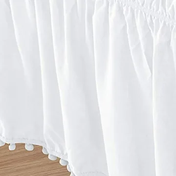 Elegant Comfort Top-Knot Tassle Pompom Fringe Ruffle Skirt Around Style Elastic Bed Wrap- Wrinkle Resistant 16 inch Drop, Queen/King, White