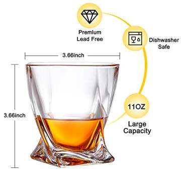 Whiskey Rocks Glass, Set of 4 (2 Crystal Bourbon Glasses, 2 Round Big Ice Ball Molds) In Gift Box - ...