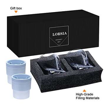 Whiskey Rocks Glass, Set of 4 (2 Crystal Bourbon Glasses, 2 Round Big Ice Ball Molds) In Gift Box - 11 Oz Old Fashioned Glasses for Scotch Cocktail Rum Cognac Vodka Liquor, Unique Gifts for Men