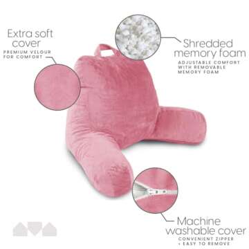 Milliard Reading Pillow with Shredded Memory Foam, Large Adult Backrest with Arms, Back Support for Sitting Up in Bed with Washable Cover (Sit up Pillow) Pink