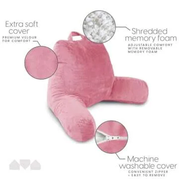 Milliard Reading Pillow with Shredded Memory Foam, Large Adult Backrest with Arms, Back Support for Sitting Up in Bed with Washable Cover (Sit up Pillow) Pink