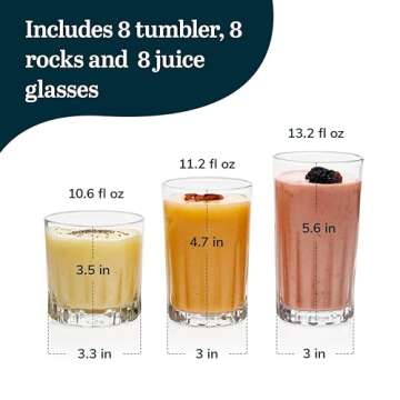 Libbey Brockton Tumbler, Juice and Rocks Glasses Set, Clear, Classic Cut Drinkware Set of 24, Elegant Dishwasher Safe Barware Glasses for Everyday Use