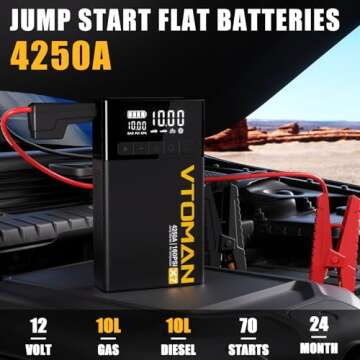 VTOMAN X7 Jump Starter with Air Compressor – 4250A Portable Car Jumper with 160PSI Digital Tire In...