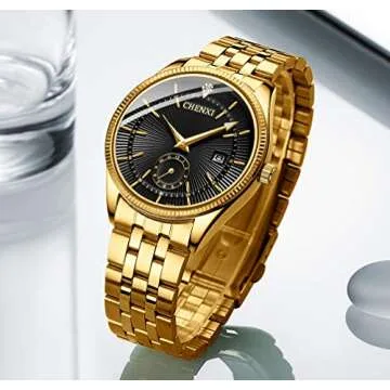 FANMIS Men's Luxury Analog Quartz Gold Wrist Watches Business Stainless Steel Band Dress Wrist Watch Classic Calendar Date Window 3ATM Water Resistant (Black)