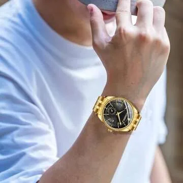 FANMIS Men's Luxury Analog Quartz Gold Wrist Watches Business Stainless Steel Band Dress Wrist Watch Classic Calendar Date Window 3ATM Water Resistant (Black)