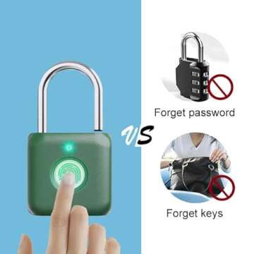 Fingerprint Padlock eLinkSmart Green Metal Padlock Keyless Biometric Padlock for Gym Locker Shed Loc...